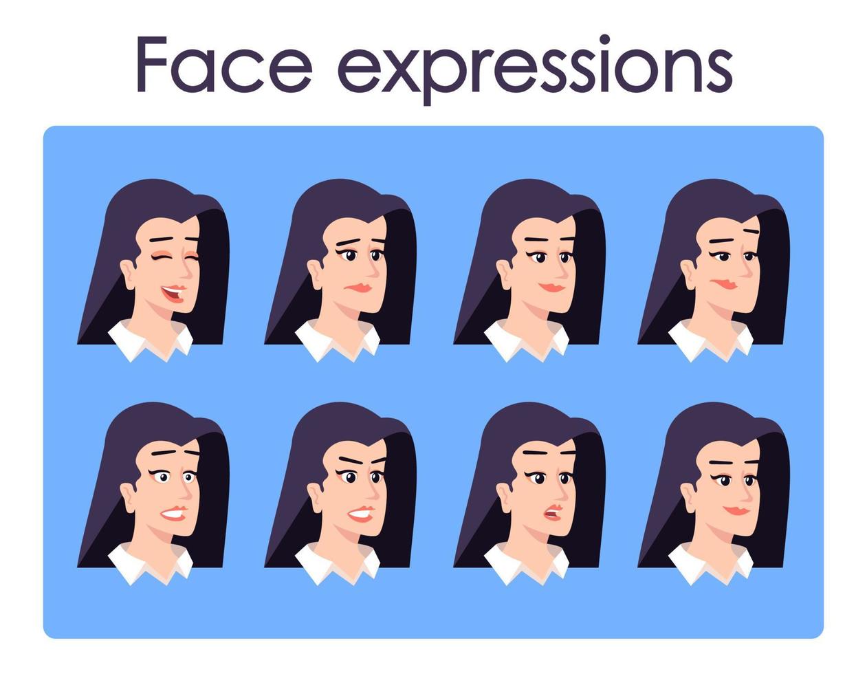 personaje de dibujos animados de mujer se enfrenta a conjunto de vectores.  oficinista con diferentes expresiones