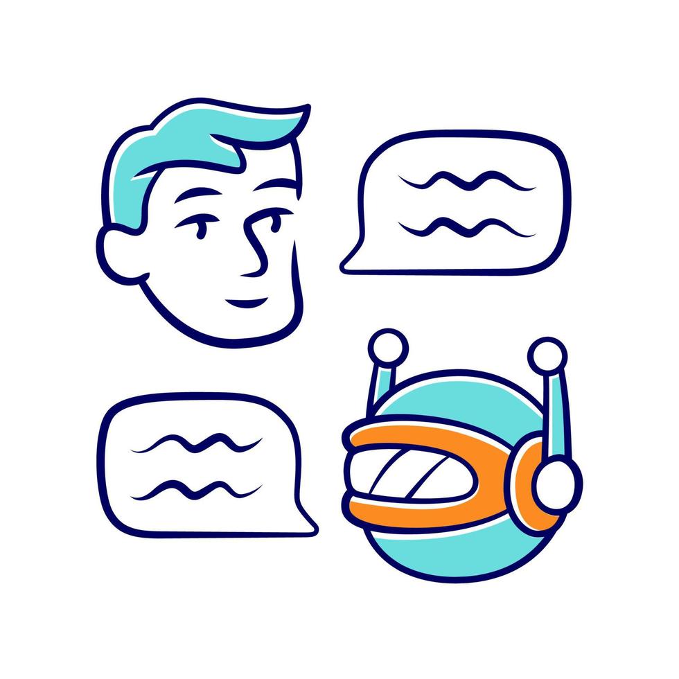 Chatbot color icon. Online customer support robot. Help service. Man chatting with bot application. Virtual assistant. Network communication. Artificial intelligence. Isolated vector illustration