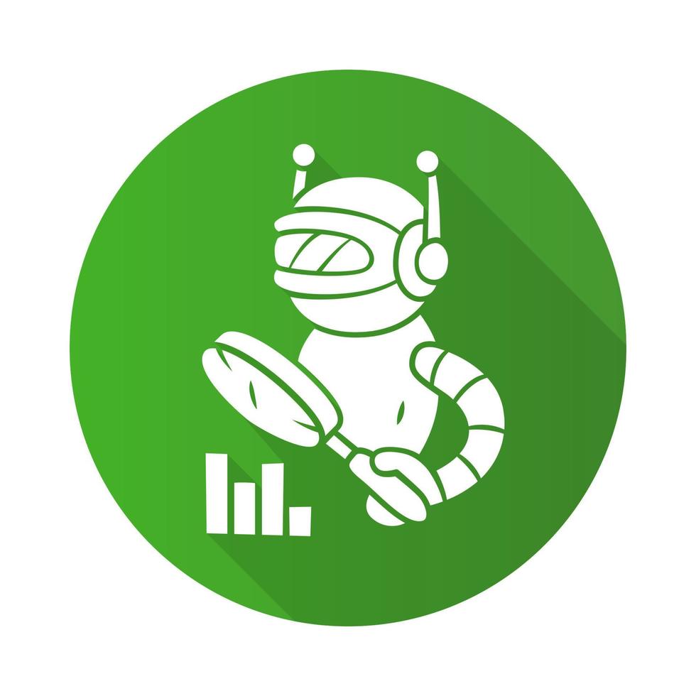 Monitoring bot flat design long shadow glyph icon. Monitor websites uptime. Machine learning. Artificial intelligence. Internet robot with magnifying glass. Vector silhouette illustration