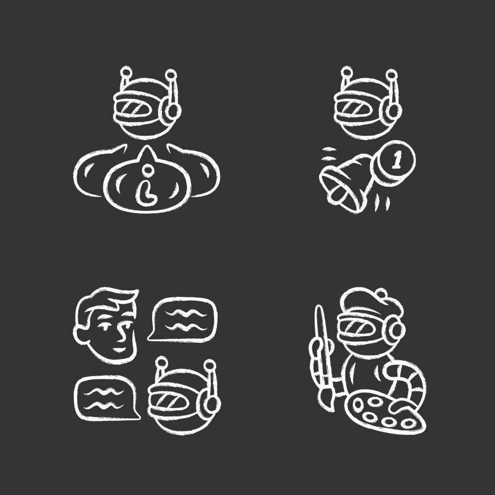 Internet robots chalk icons set. Chatbot, informational, proactive, art bots. Sending messages. Technology, cybernetics. Artificial intelligence, AI. Isolated vector chalkboard illustrations