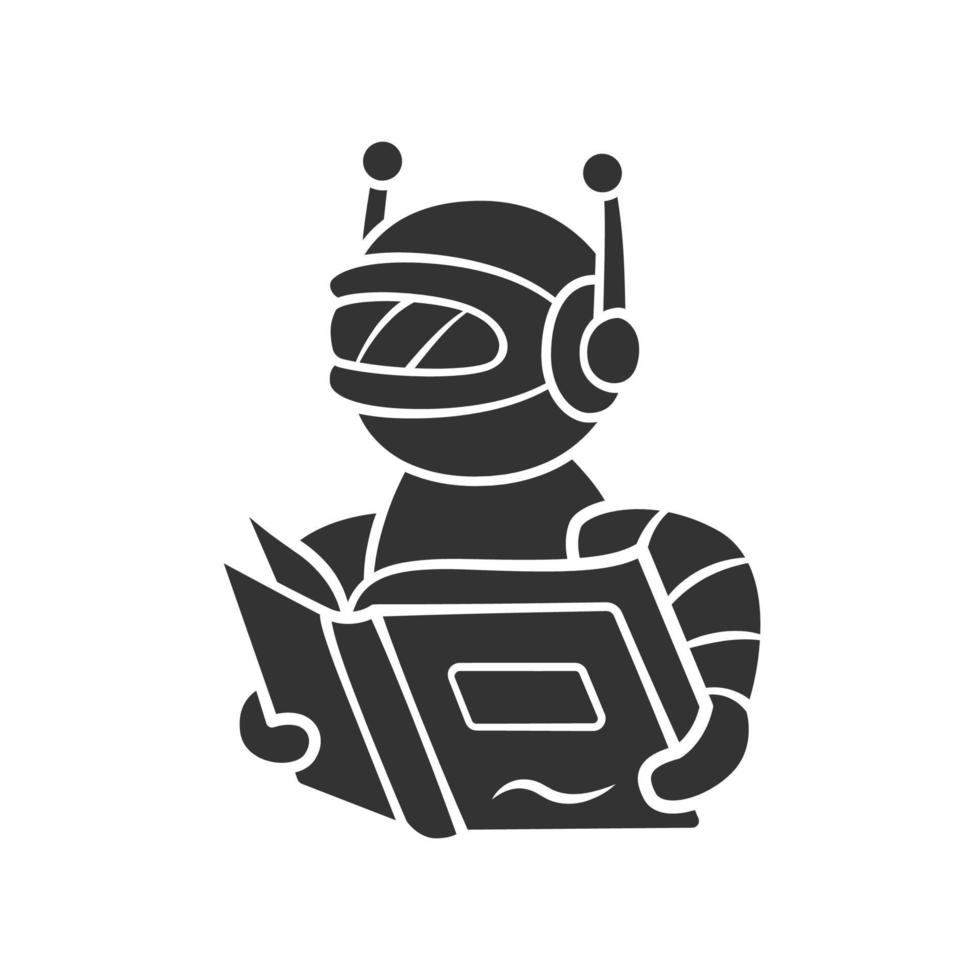 Text reading bot glyph icon. Screen reader application. Virtual assistant. Robot with book. Software app. Speech synthesizer. Silhouette symbol. Negative space. Vector isolated illustration