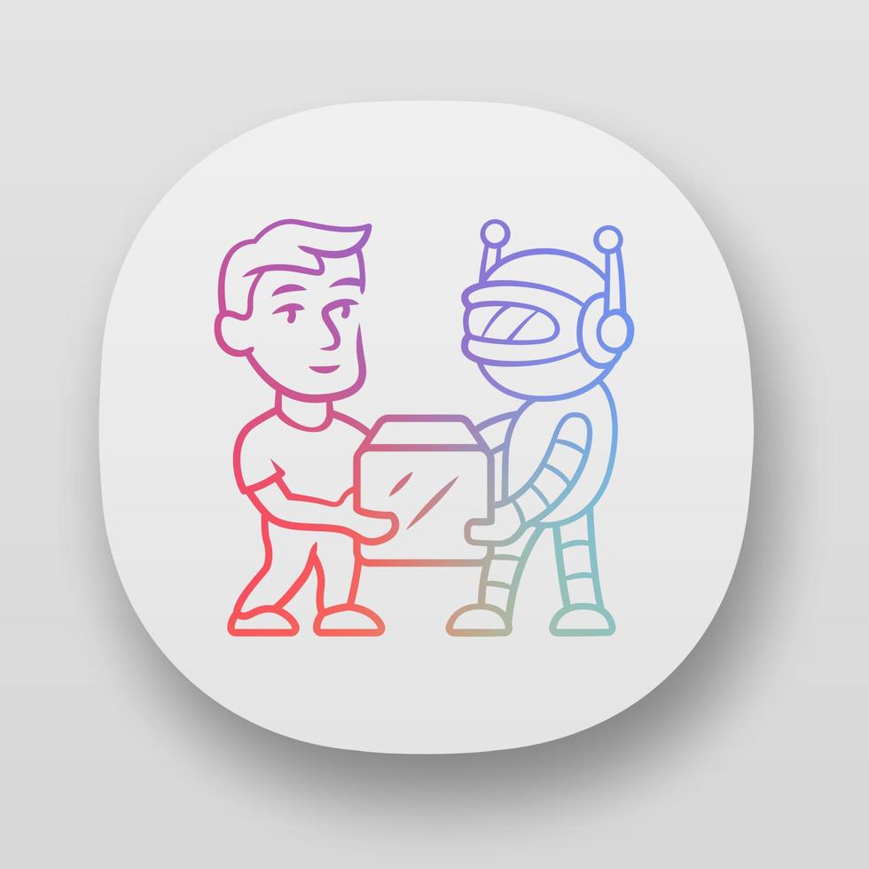 Transactional bot app icon. Artificial intelligence. Partner bot. Man and robot holding box. Robotic delivery service. UI UX user interface. Web or mobile applications. Vector isolated illustrations