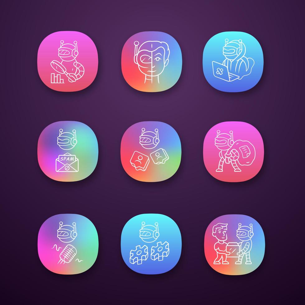 Internet bots app icons set. Hacker, spam, impersonator, monitoring, work, scraper robots. Artificial intelligence. UI UX user interface. Web or mobile applications. Vector isolated illustrations