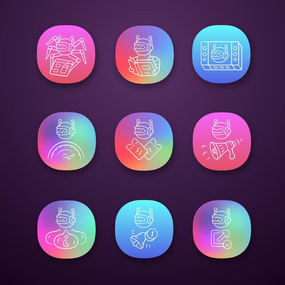 Web robots app icons set. Crawler, text-reading, propaganda bot. Proactive, optimizer robot. Artificial intelligence. UI UX user interface. Web or mobile applications. Vector isolated illustrations