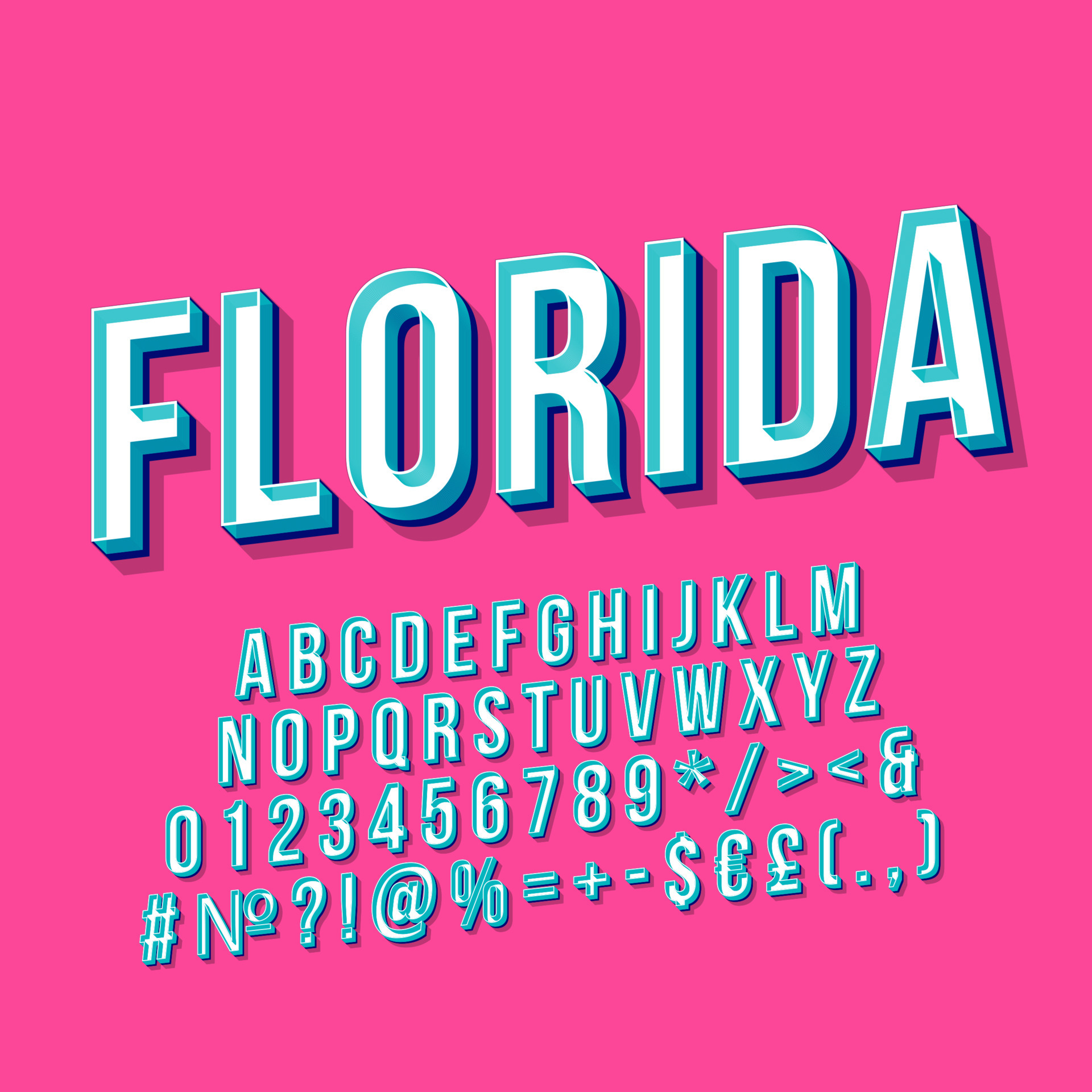 Florida vintage 3d vector lettering. Retro bold font, typeface. Pop art  stylized text. Old school style letters, numbers, symbols, elements pack.  90s, 80s poster, banner. Bubblegum color background 4437526 Vector Art at