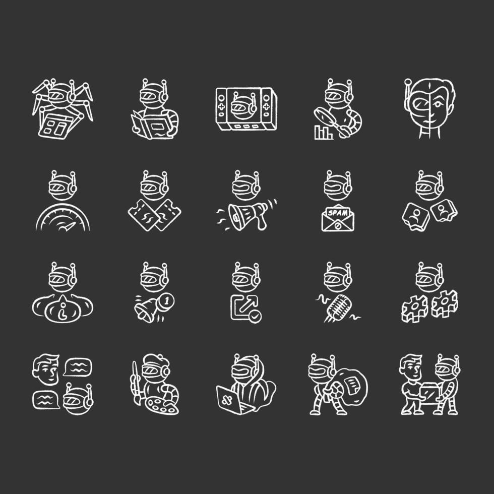 Bot types chalk icons set. Crawler, hacker, spambot, impersonator, scraper, informational robot. Technology, artificial intelligence, ai. Virtual reality. Isolated vector chalkboard illustrations