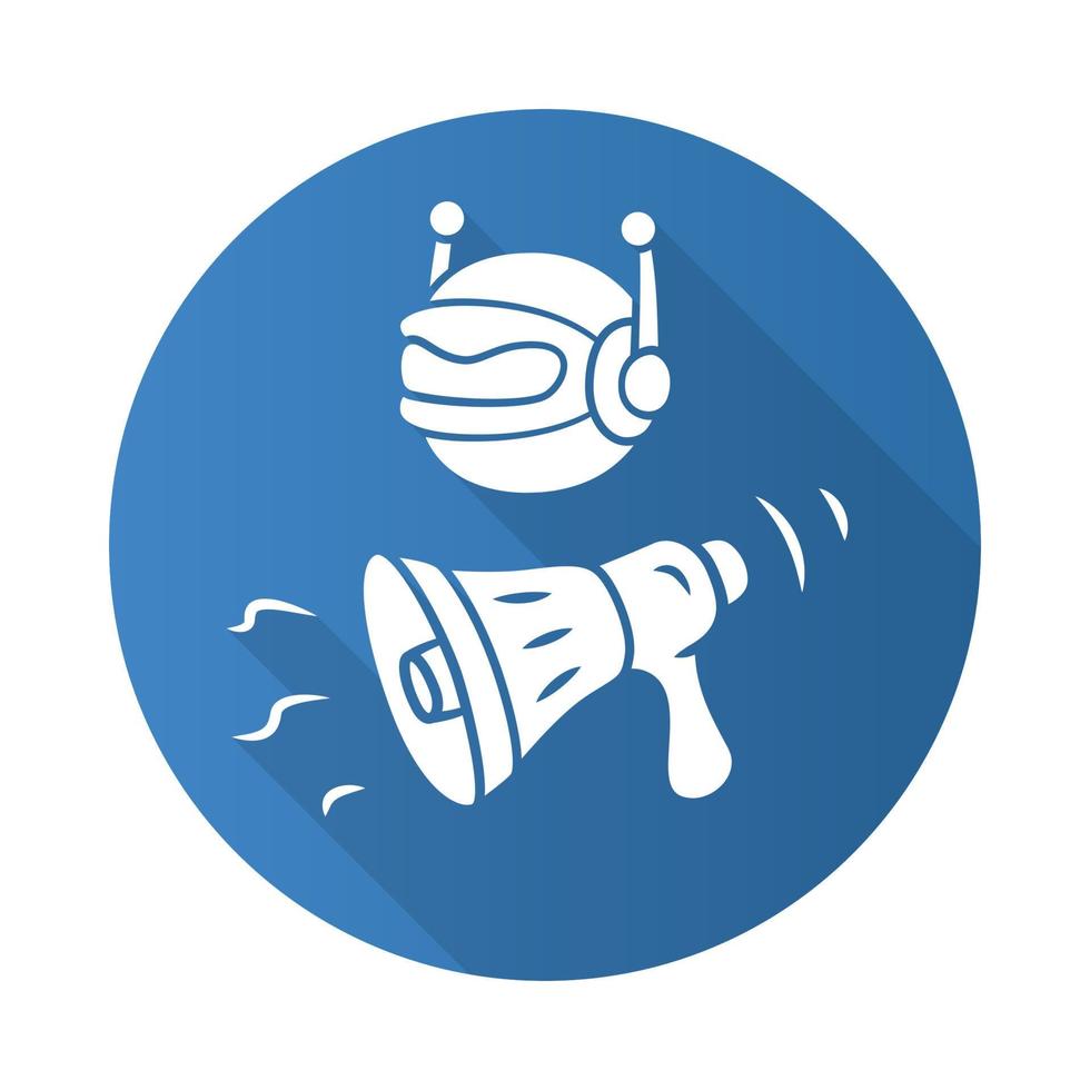 icono de glifo de larga sombra de diseño plano de bot de propaganda. ataque de spam. CAMPAÑA de Marketing. robot difunde desinformación. inteligencia artificial. bot de redes sociales. ilustración de silueta de vector