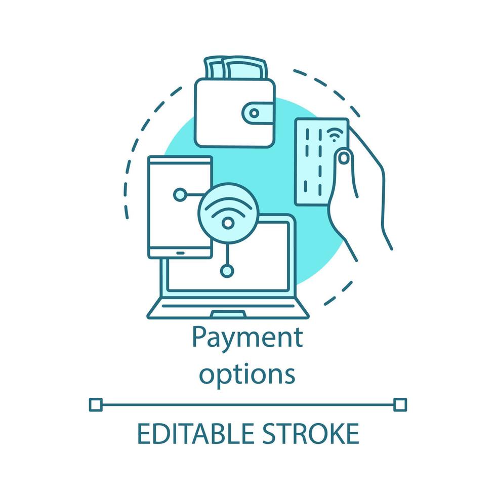 Payment options concept icon. Online shopping idea thin line illustration. Digital purchase. Internet marketing. Web wallet. Online money transaction. Vector isolated outline drawing. Editable stroke