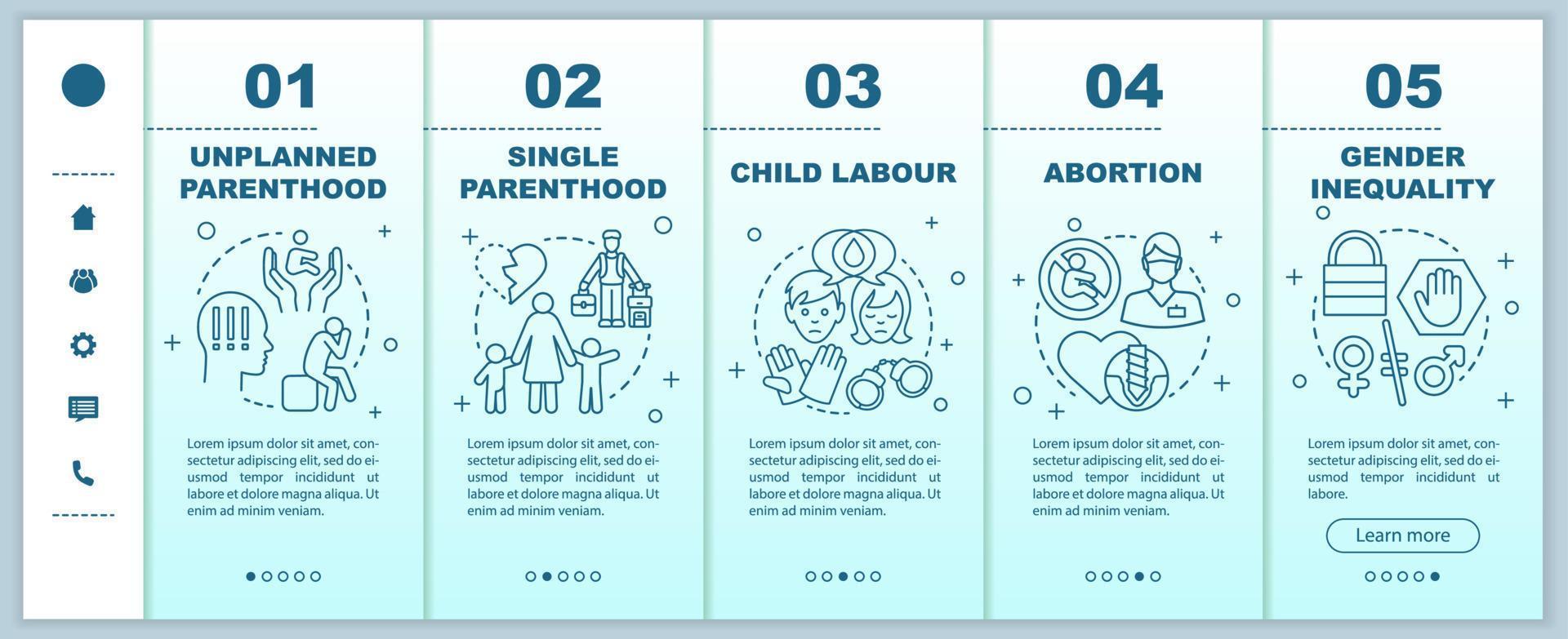 Social issues onboarding mobile web pages vector template. Single parenthood, child labour, abortion, gender inequality. Responsive smartphone website interface. Webpage walkthrough step screens