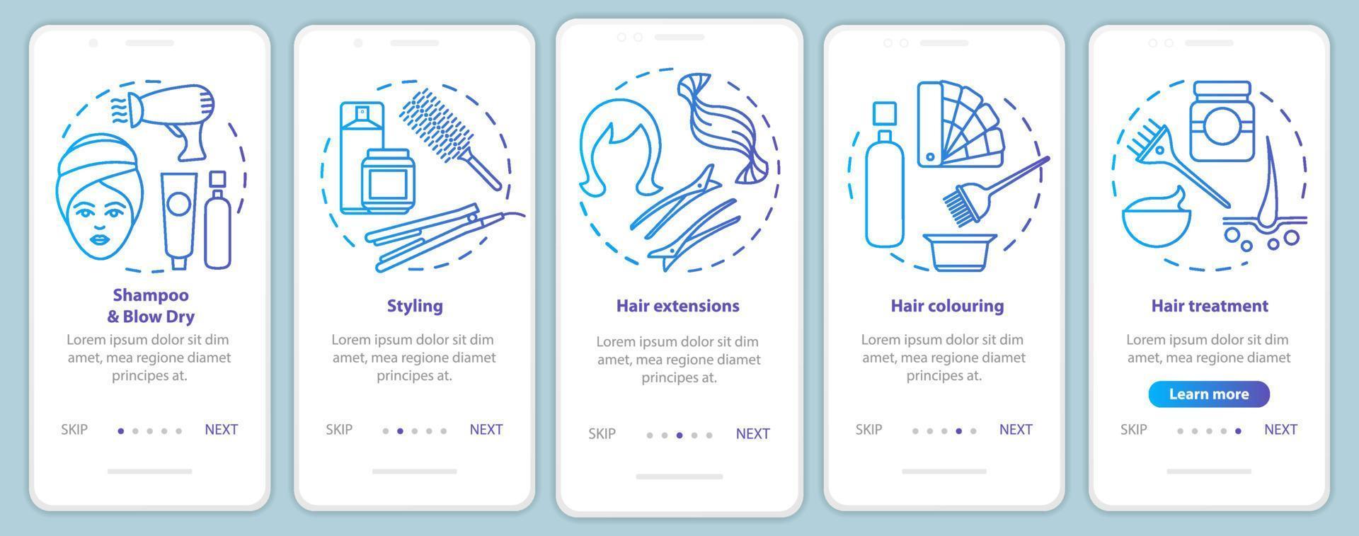 servicios de peluquería plantilla de vector de pantalla de página de aplicación móvil de incorporación azul. salón de peluquería. paso a paso del sitio web con ilustraciones lineales. concepto de interfaz de teléfono inteligente ux, ui, gui