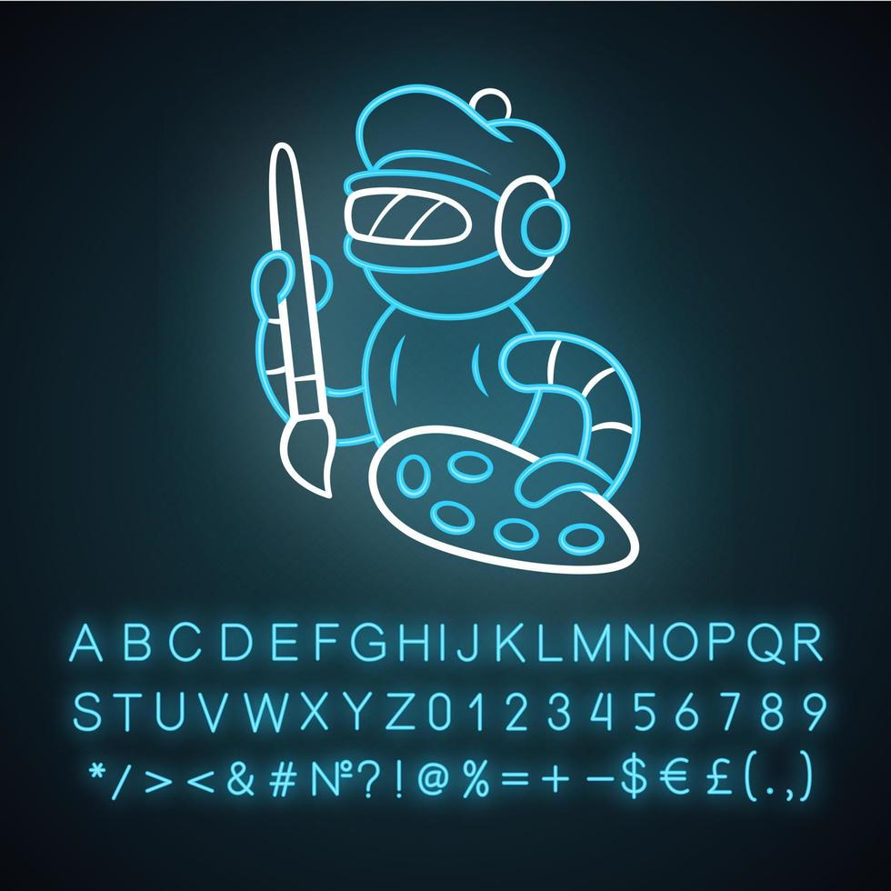Art bot neon light icon. Robot, cyborg with brush and palette. Virtual assistance. Artificial intelligence, AI. Glowing sign with alphabet, numbers and symbols. Vector isolated illustration