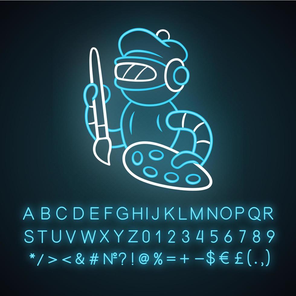 icono de luz de neón de bot de arte. robot, cyborg con pincel y paleta. asistencia virtual. inteligencia artificial, ai. signo brillante con alfabeto, números y símbolos. vector ilustración aislada