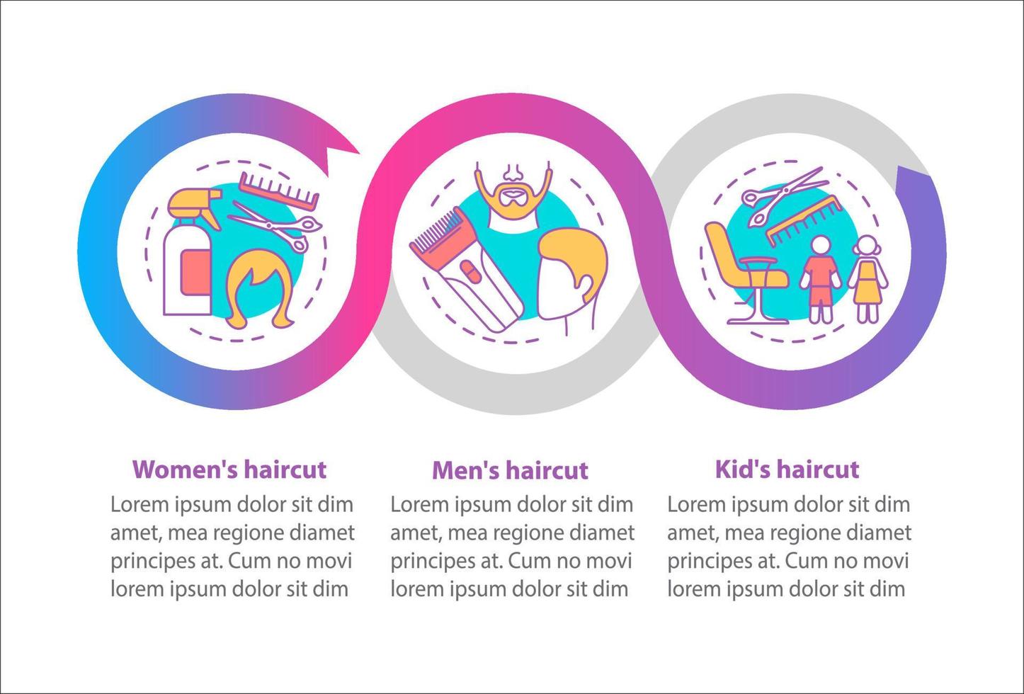 Plantilla de infografía de vector de corte de pelo de peluquería. elementos de diseño de presentación de negocios. visualización de datos con tres pasos y opciones. gráfico de la línea de tiempo del proceso. diseño de flujo de trabajo con iconos lineales