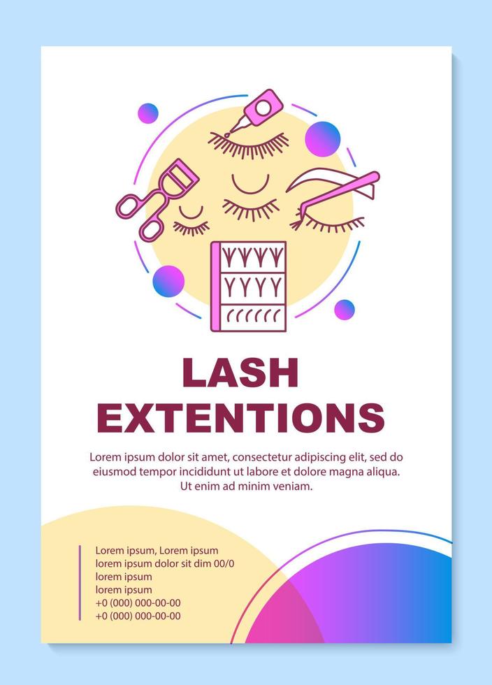 Lash extension poster template layout. False eyelashes glue, curler. Banner, booklet, leaflet print design with linear icons. Vector brochure page layout for magazines, advertising flyers