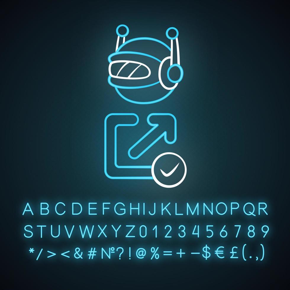 Backlink checker bot neon light icon. Artificial intelligence. SEO assistant. Technology, electronics, ai. Robot machine. Glowing sign with alphabet, numbers and symbols. Vector isolated illustration