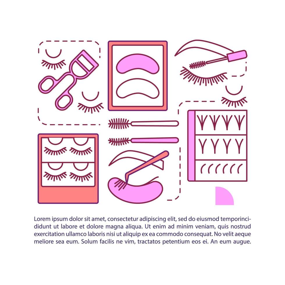 Lash extension article page vector template. False eyelashes. Brochure, magazine, booklet design element with linear icons and text boxes. Print design. Concept illustrations with text space