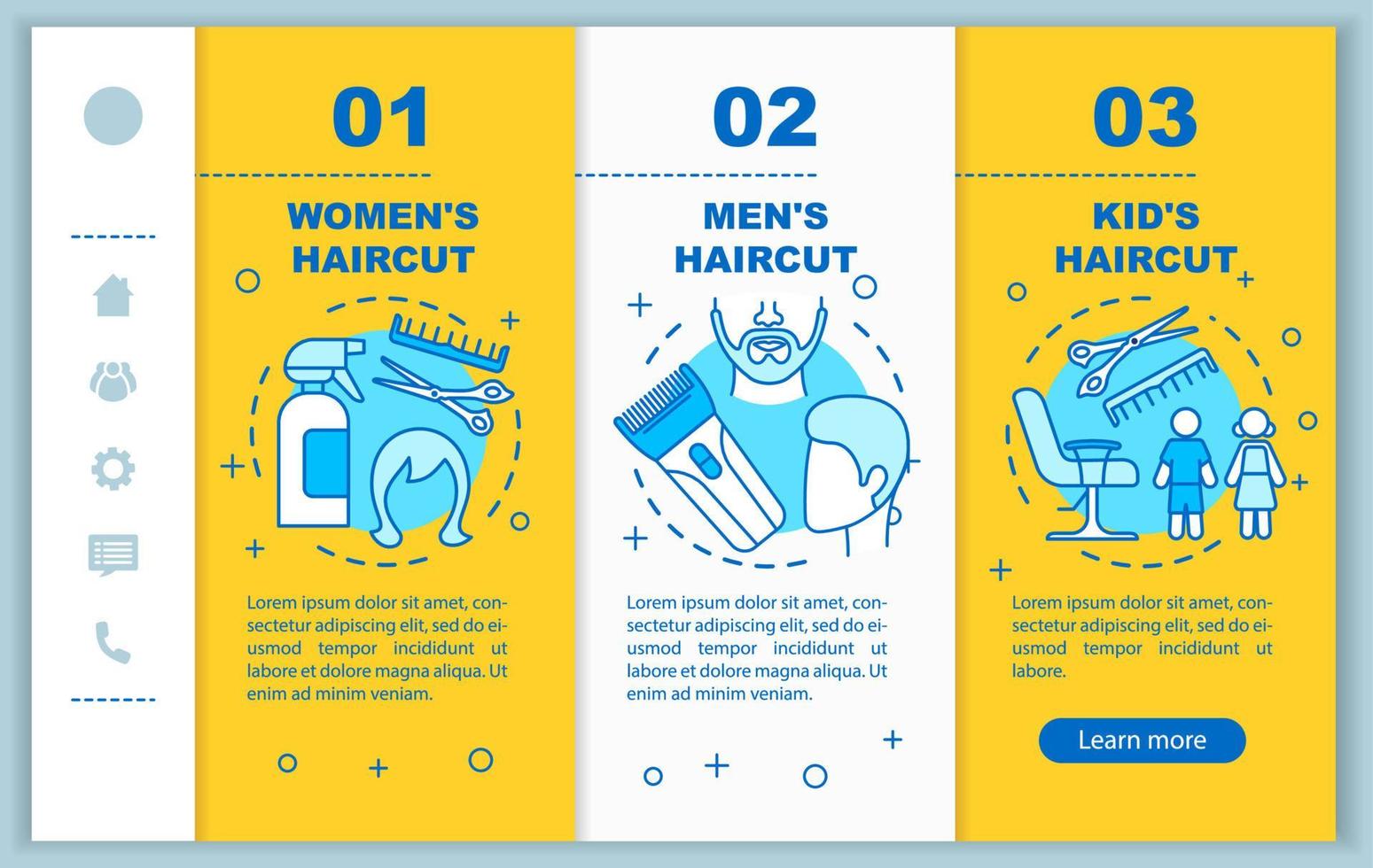 Hairdressing salon services onboarding mobile web pages vector template. Responsive smartphone website interface idea with linear illustrations. Webpage walkthrough step screens. Color concept