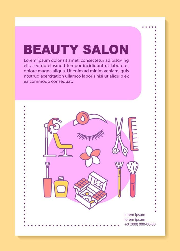 Beauty salon poster template layout. Hairdressing and makeup procedures. Banner, booklet, leaflet print design with linear icons. Vector brochure page layout for magazines, advertising flyers