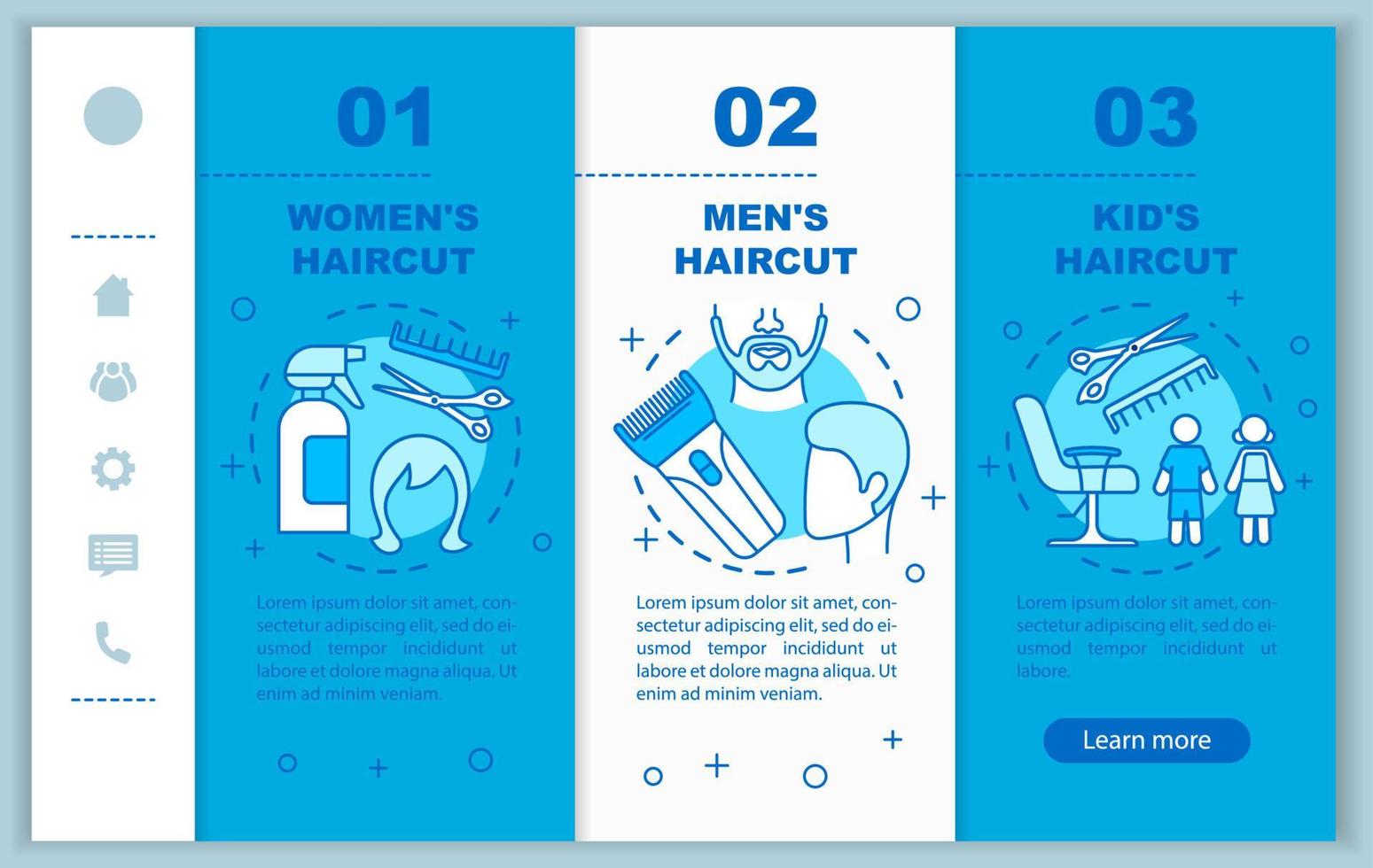 Hairdressing salon procedures onboarding mobile web pages vector template. Responsive smartphone website interface idea with linear illustrations. Webpage walkthrough step screens. Color concept