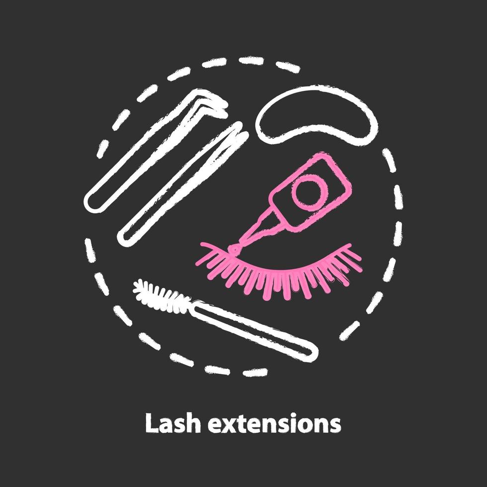 Lash extension chalk concept icon. False eyelashes and permanent makeup idea. Cosmetology salon, beauty service, beautician parlor procedure. Vector isolated chalkboard illustration