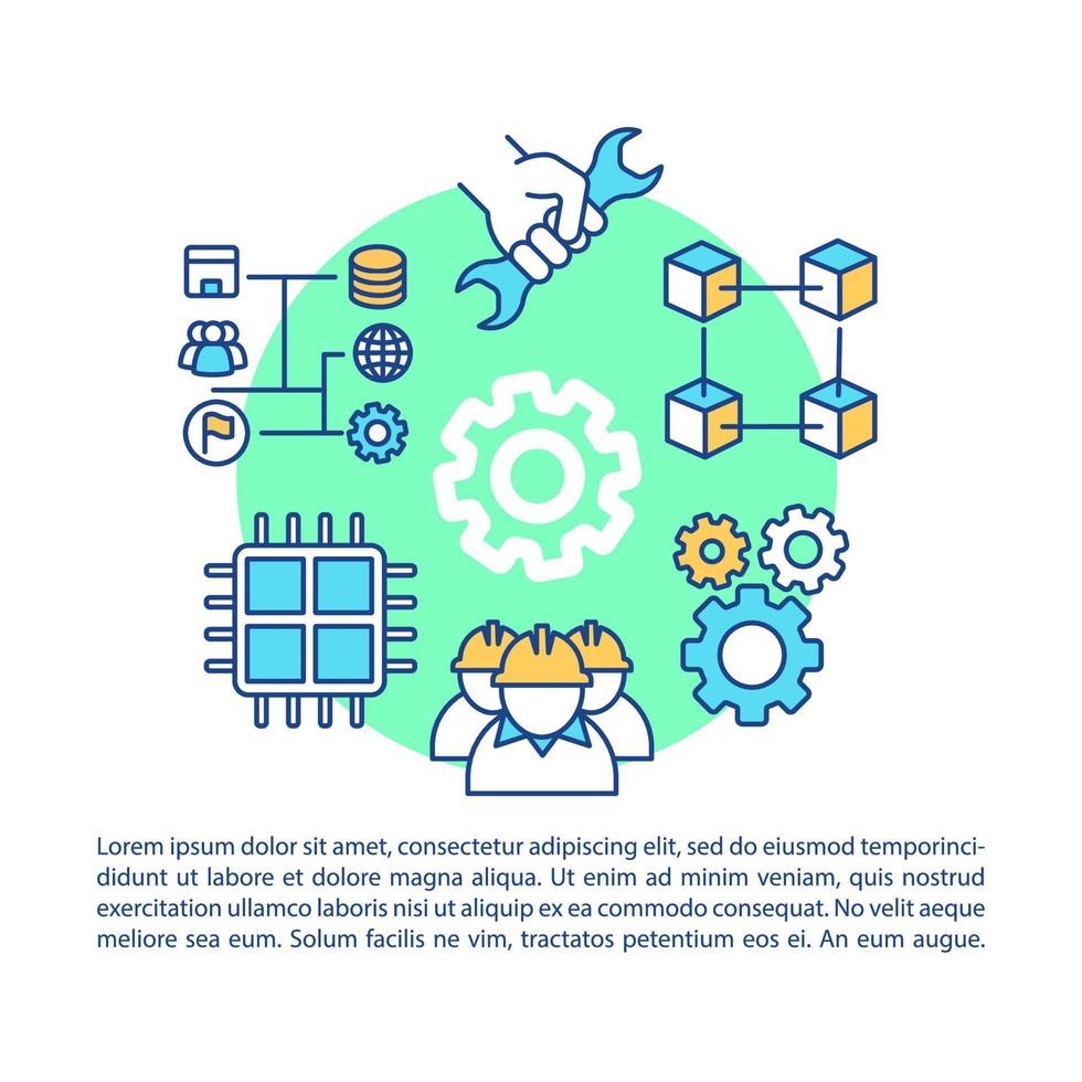 Industrial engineering article page vector template. Industrial sector. Brochure, magazine, booklet design element with linear icons, text boxes. Print design. Concept illustrations with text space