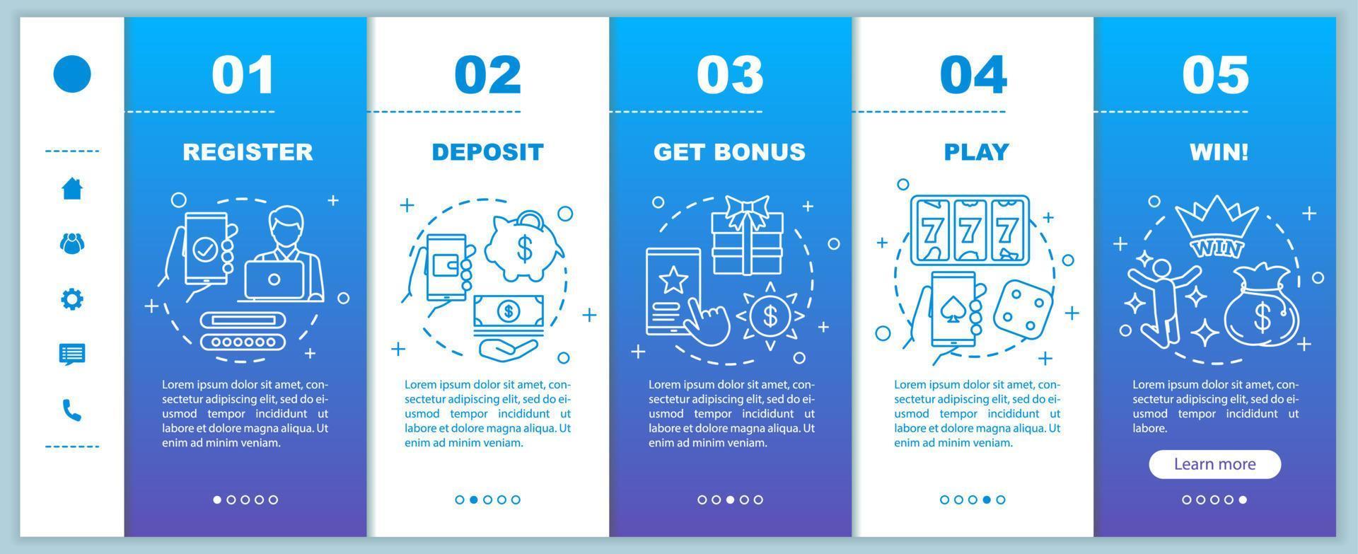 Online casino onboarding mobile web pages vector template. Gambling games. Responsive smartphone website interface idea with linear illustrations. Webpage walkthrough step screens. Color concept