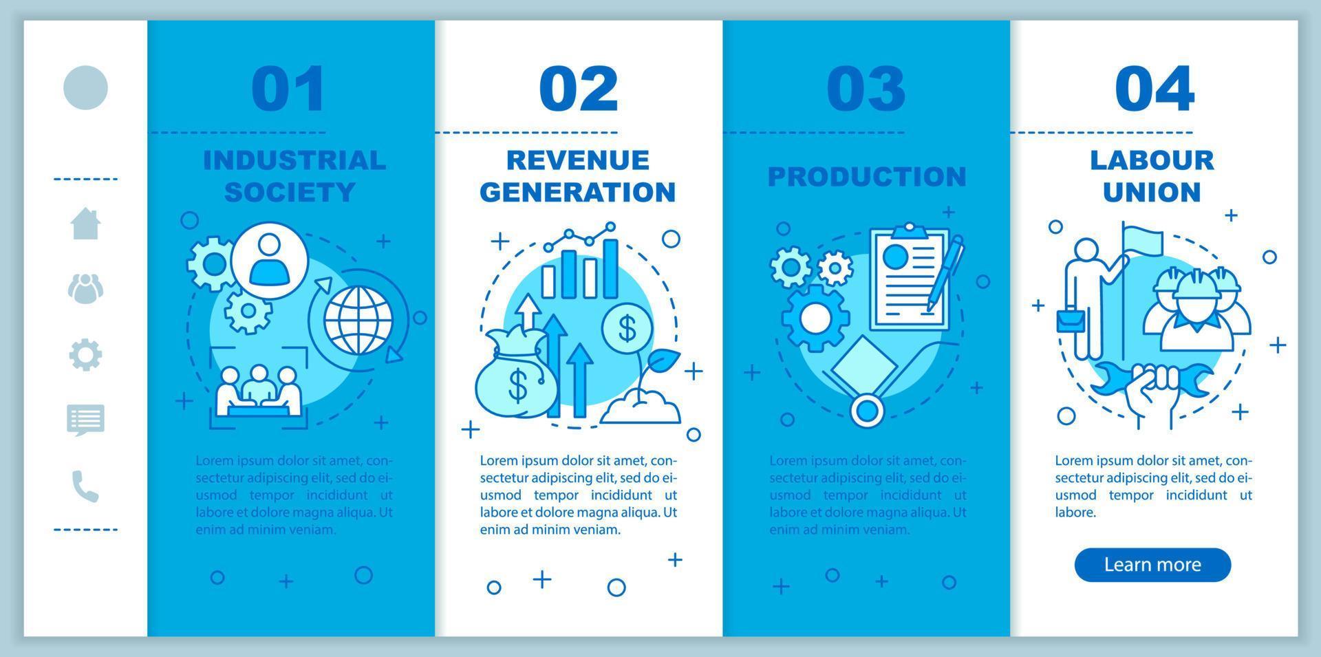Production process onboarding mobile web pages vector template. Industrial society. Responsive smartphone website interface idea with linear icons. Webpage walkthrough step screens. Color concept