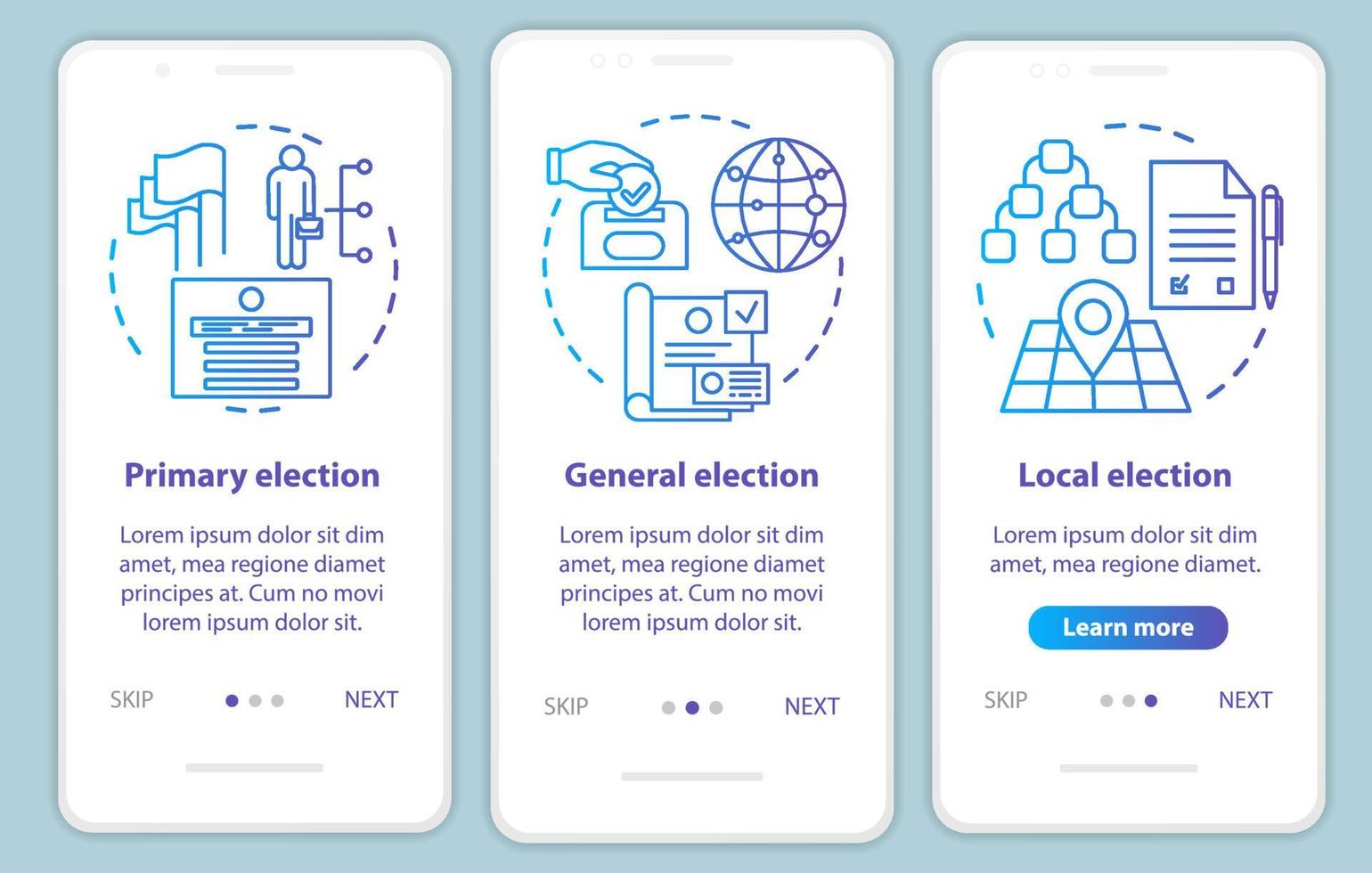 Elections onboarding mobile app page screen vector template. Electing local, general political figures. Walkthrough website steps with linear illustrations. UX, UI, GUI smartphone interface concept