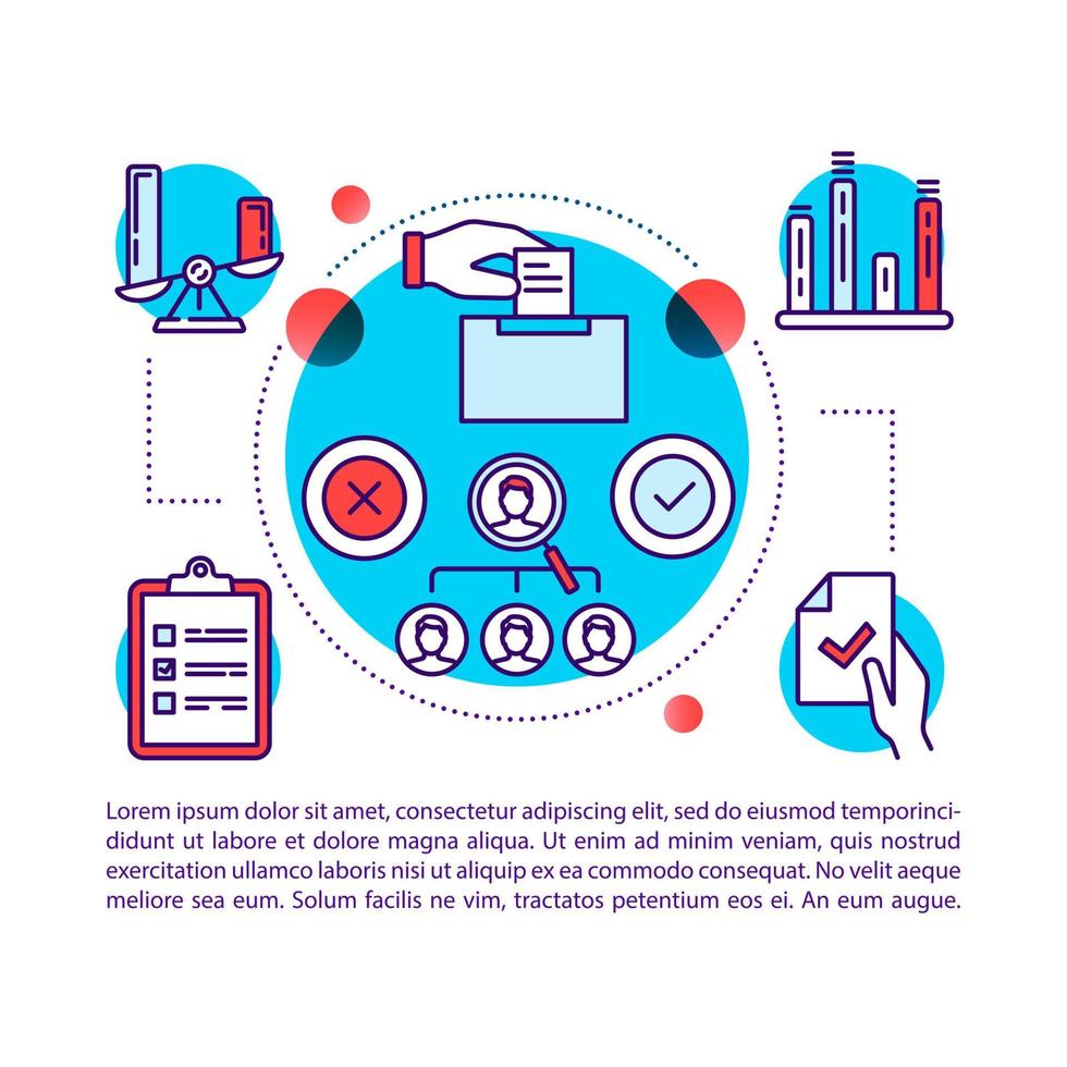 Elections article page vector template. Vote counting. Public choice. Brochure, magazine, booklet design element with linear icons and text boxes. Print design. Concept illustrations with text space