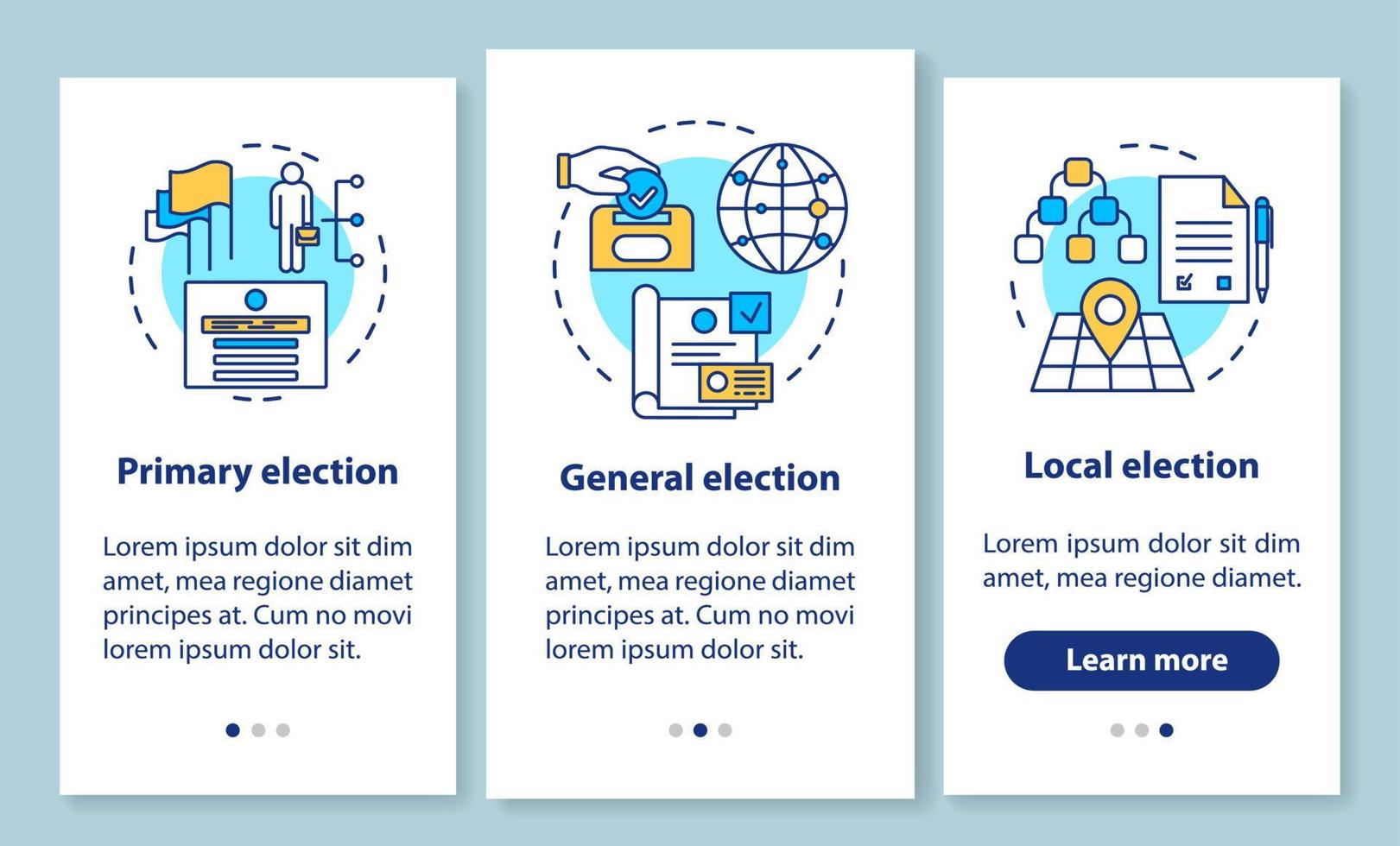 Elections onboarding mobile app page screen with linear concepts. Electing local, general political figures. Three walkthrough steps graphic instructions. UX, UI, GUI vector template with illustration