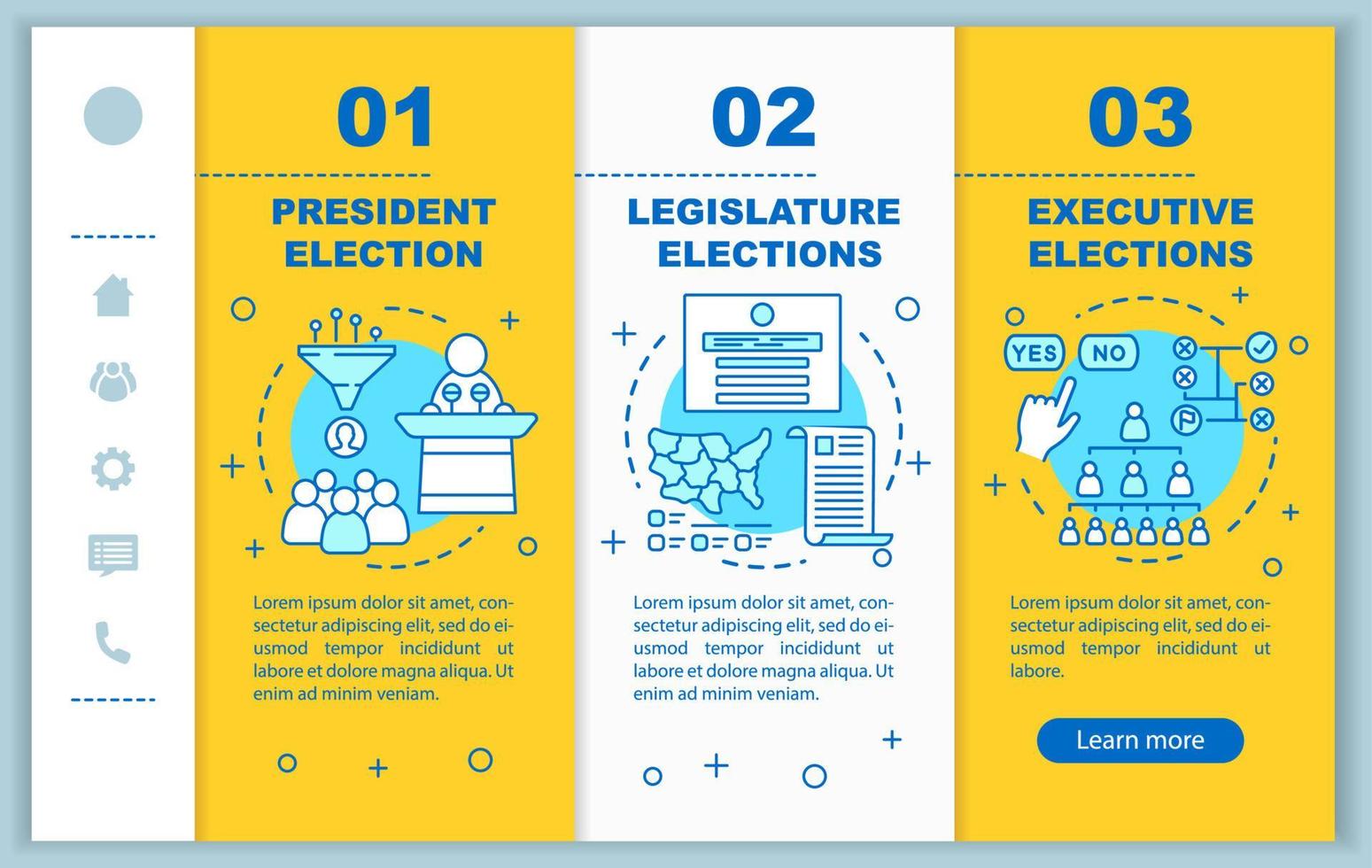 Election day onboarding mobile web pages vector template. Responsive smartphone website interface idea with linear illustrations. Webpage walkthrough step screens. Color concept