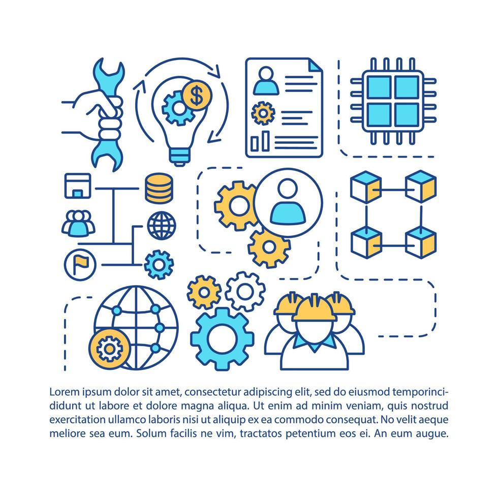 Plantilla de vector de página de artículo de ingeniería industrial. proceso de manufactura. folleto, elemento de diseño de folleto con iconos lineales y cuadros de texto. diseño de impresión. ilustraciones de concepto con espacio de texto