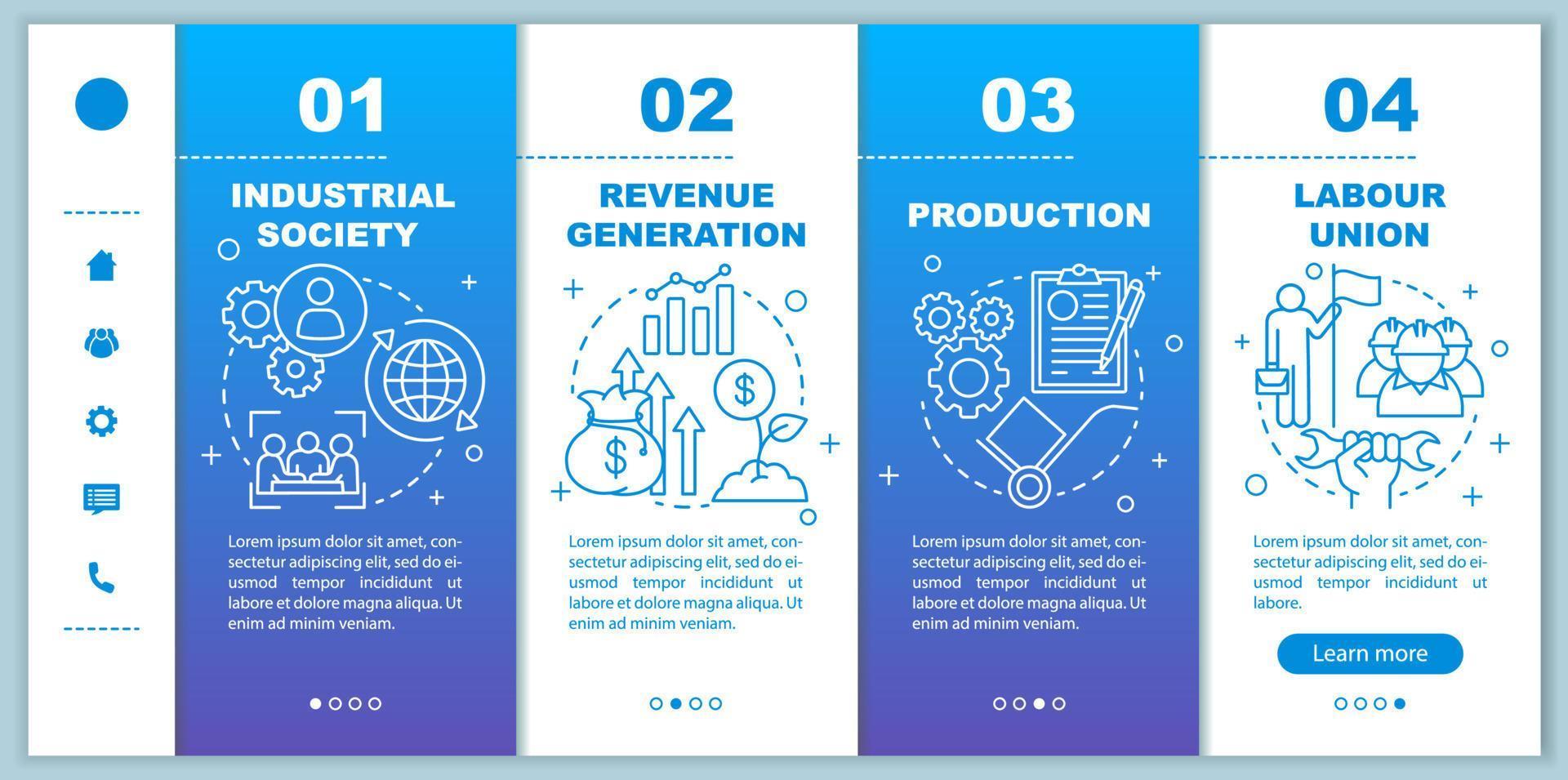 Production process onboarding mobile web pages vector template. Industrial society. Responsive smartphone website interface idea with linear icons. Webpage walkthrough step screens. Color concept