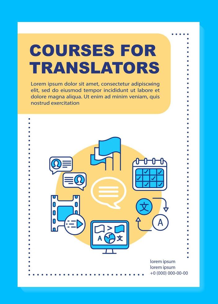 Courses for translators brochure template layout. Translation class. Flyer, booklet, leaflet print design with linear illustrations. Vector page layouts for magazines, reports, advertising posters