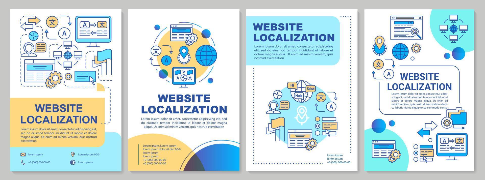 Website localization brochure template layout. Webpage translation flyer, booklet, leaflet print design with linear illustrations. Vector page layouts for magazines, reports, advertising posters
