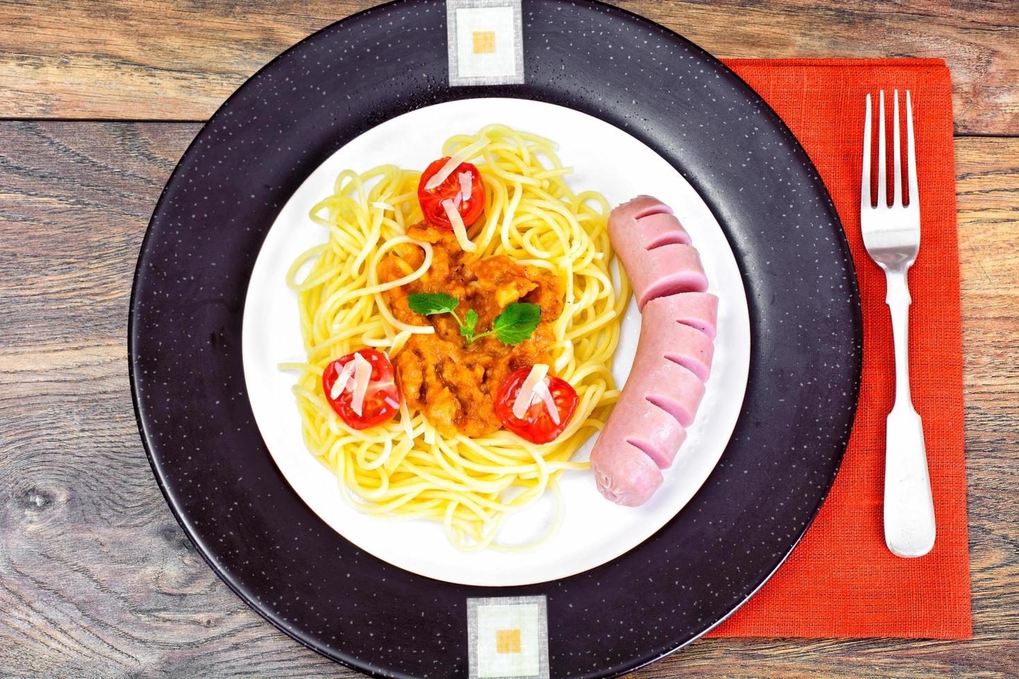 Pasta with Sausage and Squash Caviar on Plate photo