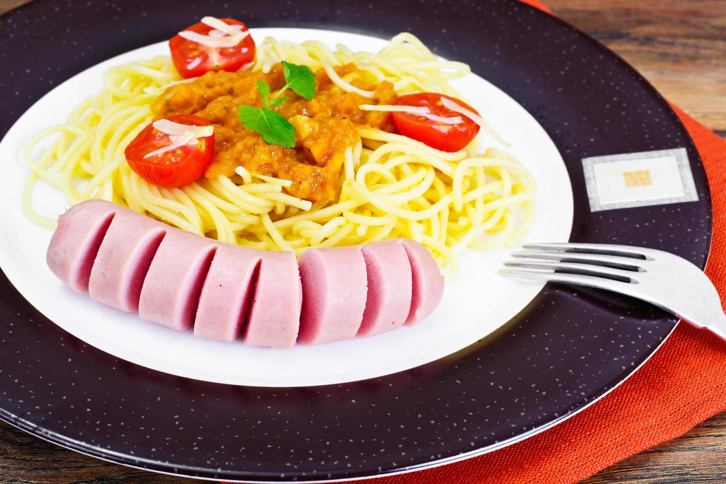 Pasta with Sausage and Squash Caviar on Plate photo