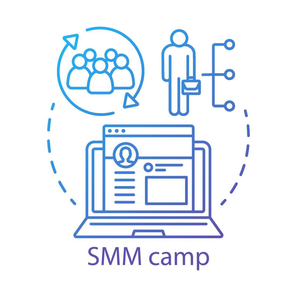 Social media marketing camp concept icon. Investors, shareholders gathering idea thin line illustration. Company, business expanding opportunity. Vector isolated outline drawing. Editable stroke