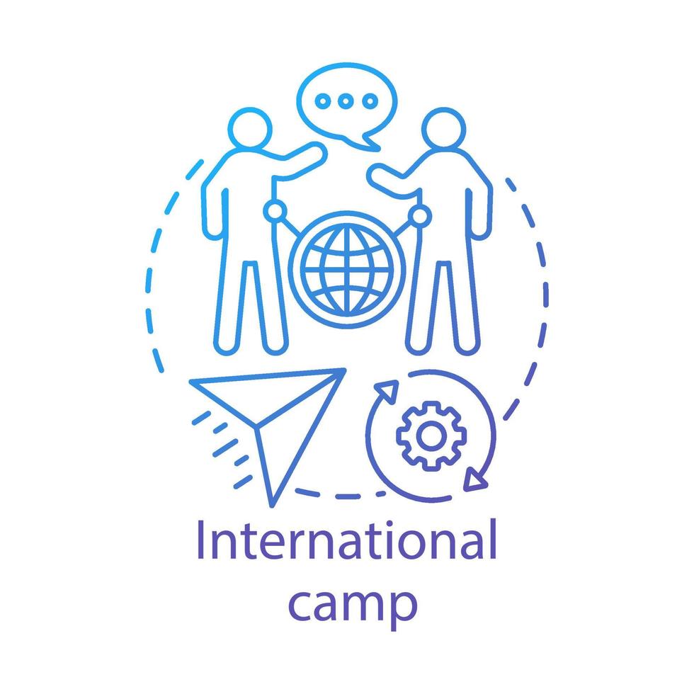 International camp concept icon. Meeting new people abroad, experiencing foreign cultures idea thin line illustration. Travelling around globe, world. Vector isolated outline drawing. Editable stroke