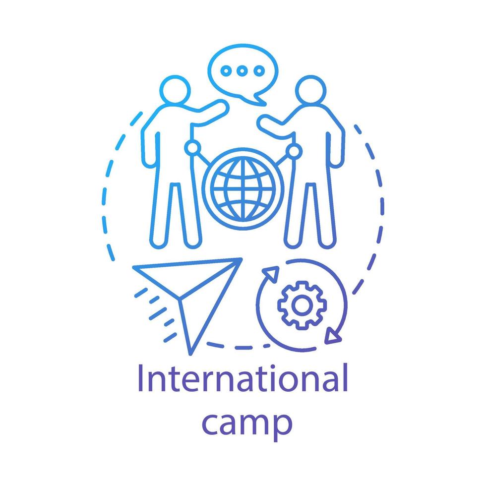 International camp concept icon. Meeting new people abroad, experiencing foreign cultures idea thin line illustration. Travelling around globe, world. Vector isolated outline drawing. Editable stroke