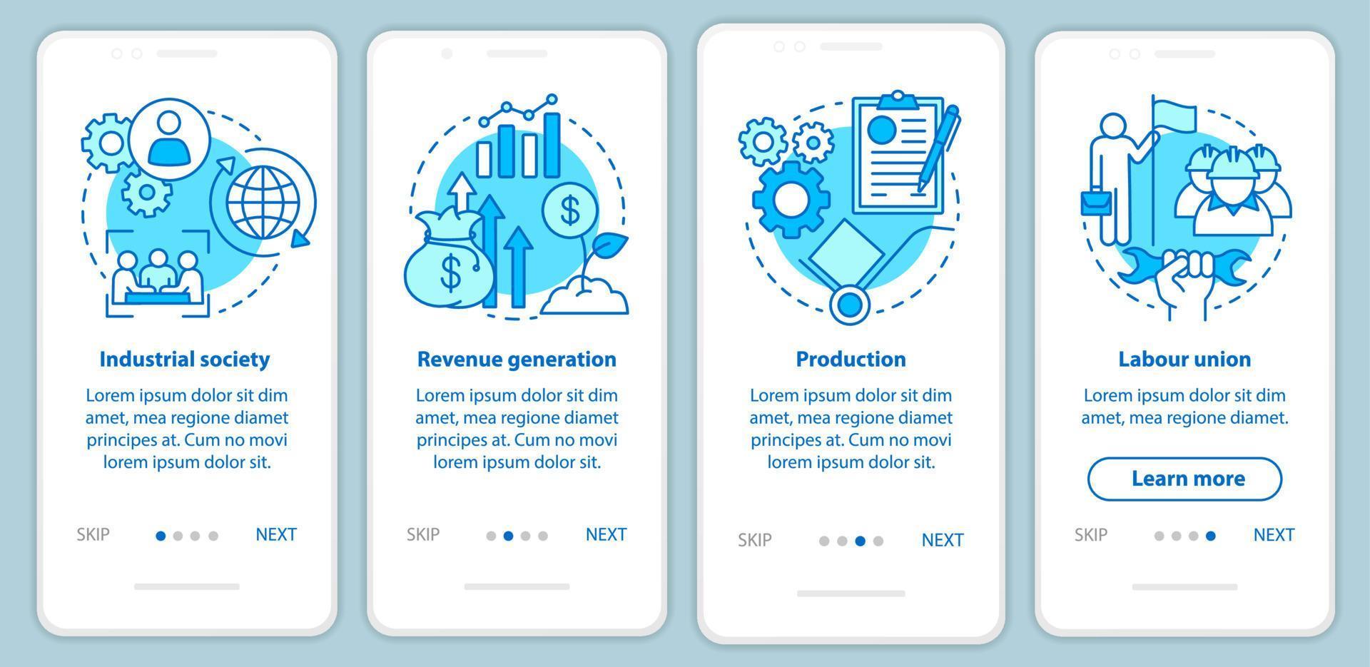 Production process blue onboarding mobile app page screen with linear concepts. Industrial society, labour union walkthrough steps graphic instructions. UX, UI, GUI vector template with illustrations