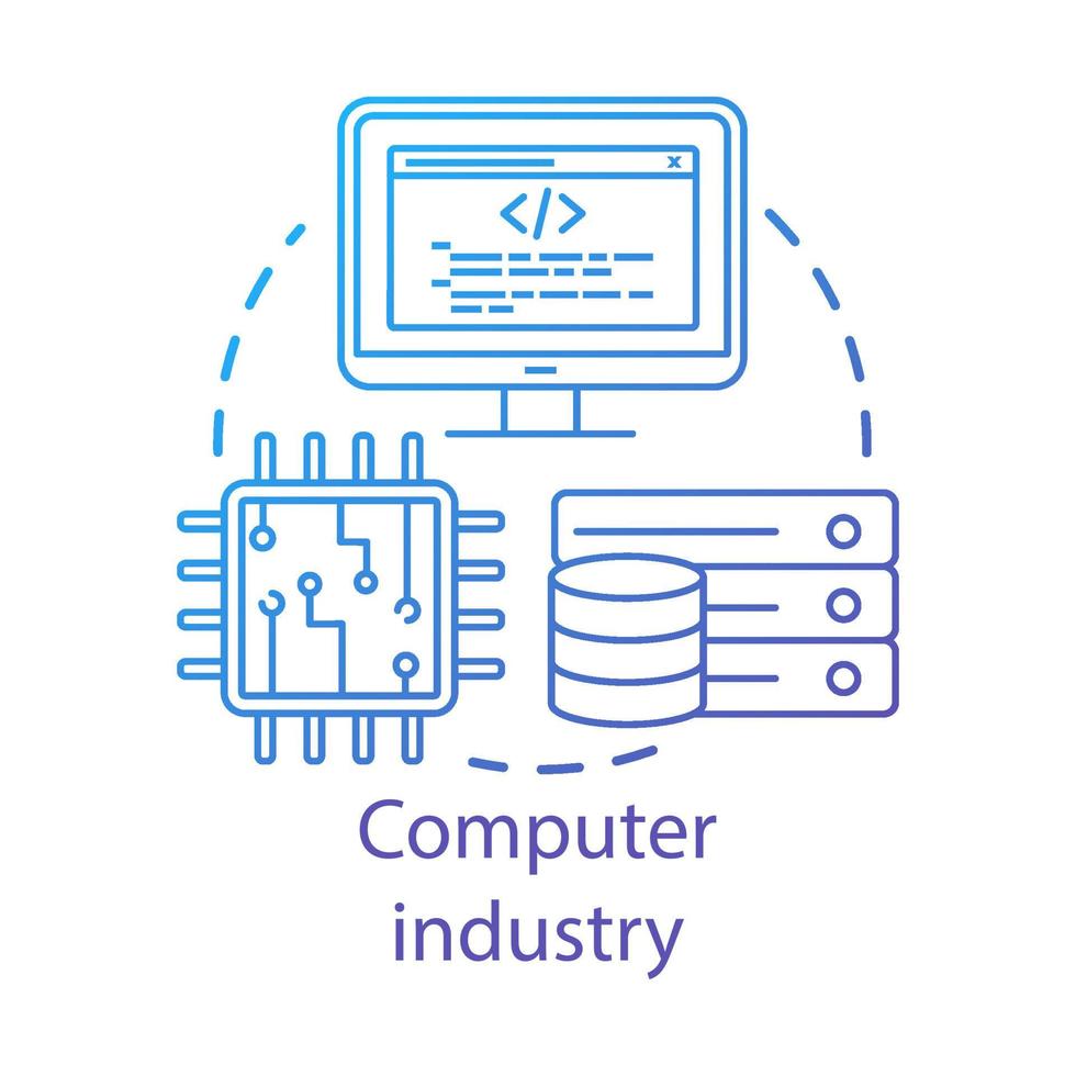 icono del concepto de la industria informática. hardware, desarrollo de software. programación. servidor de datos, cpu. Ilustración de línea fina de idea de tecnología de la información. dibujo de contorno aislado vectorial. trazo editable vector