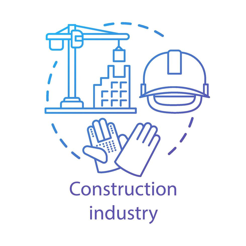 Construction industry concept icon. Building sector. Crane, house, hard hat, work gloves. Real estate engineering idea thin line illustration. Vector isolated outline drawing. Editable stroke