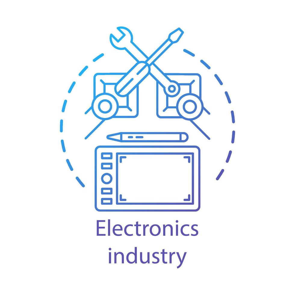 Electronics industry concept icon. Technical service. Production and repair automation. Robot hands tablet idea thin line illustration. Vector isolated outline drawing. Editable stroke