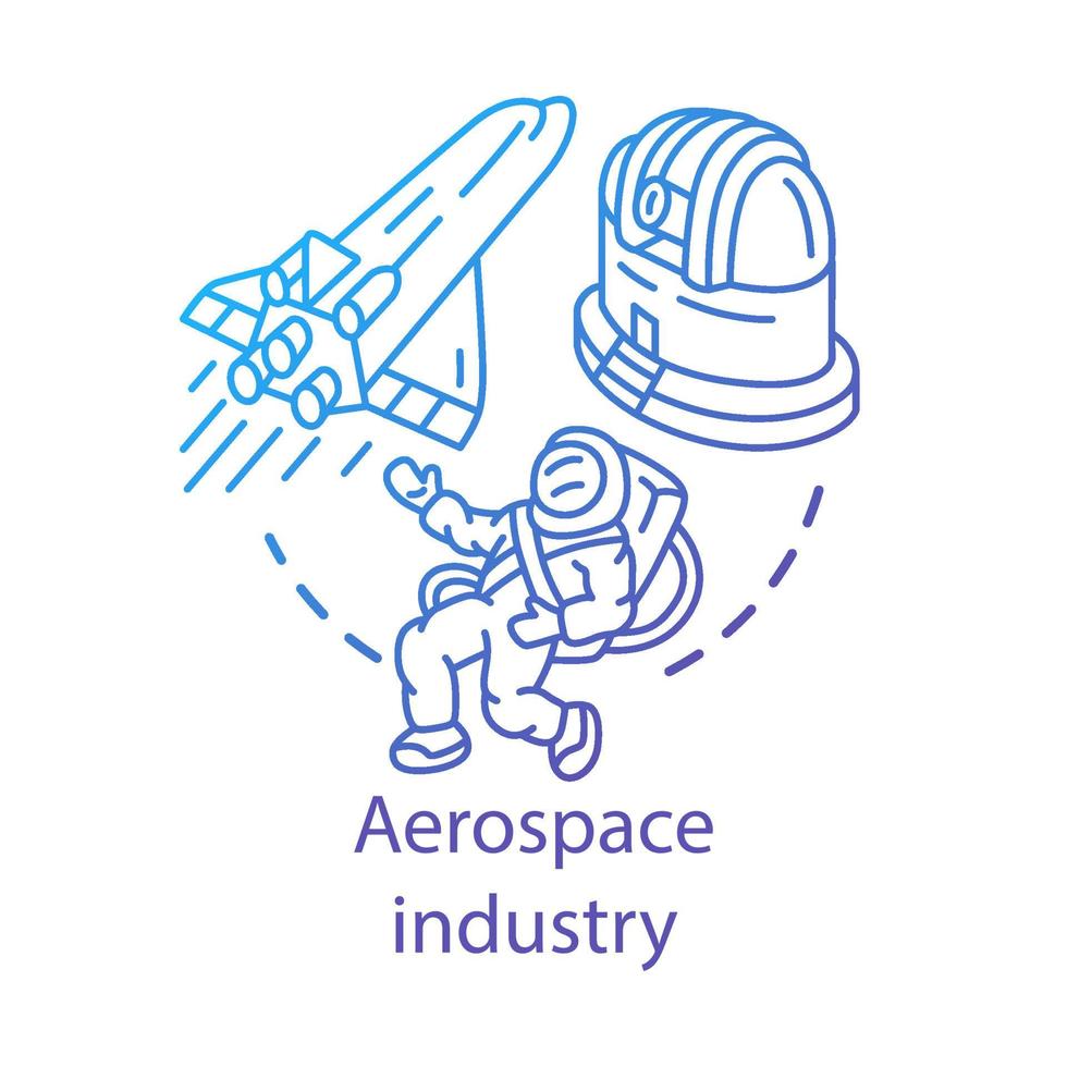Aerospace industry concept icon. Space exploration. Spacecraft, cosmonaut, observatory. Cosmos exploring. Astronautics idea thin line illustration. Vector isolated outline drawing. Editable stroke