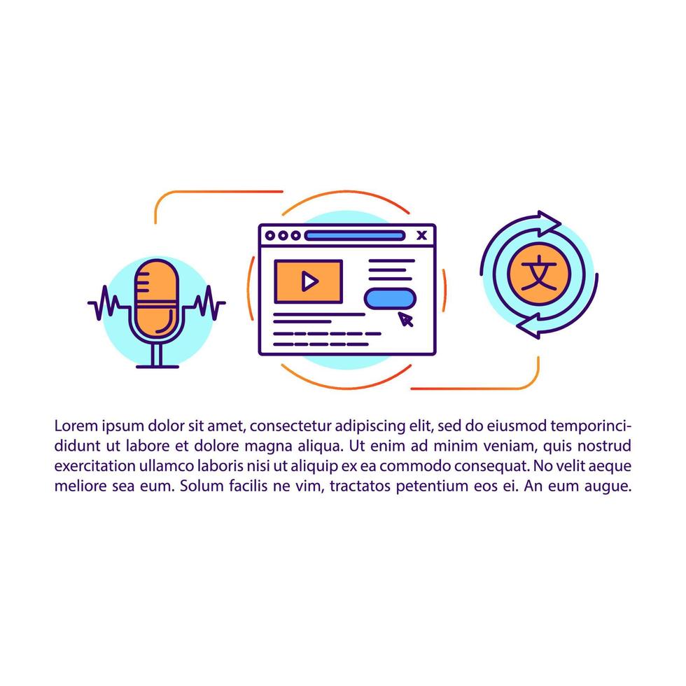 Plantilla de vector de página de artículo de traducción de audio y voz. traductor online. folleto, revista, elemento de folleto con iconos lineales y cuadros de texto. diseño de impresión. ilustraciones de concepto con espacio de texto