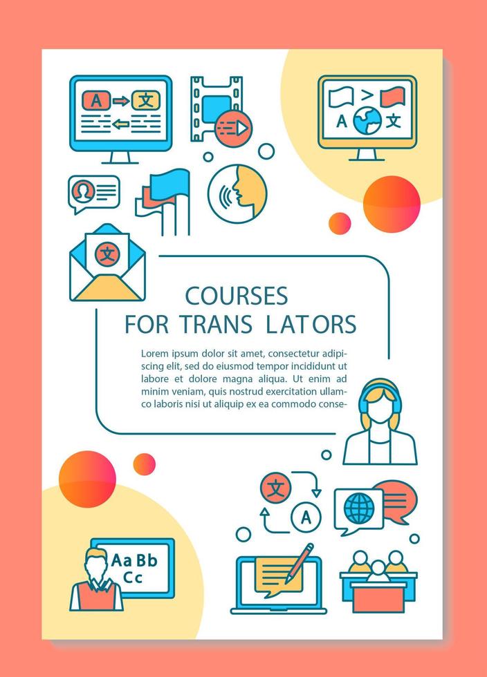 Courses for translators brochure template layout. Foreign language learning. Flyer, booklet, leaflet print design with linear illustrations. Vector page layouts for magazines, advertising posters