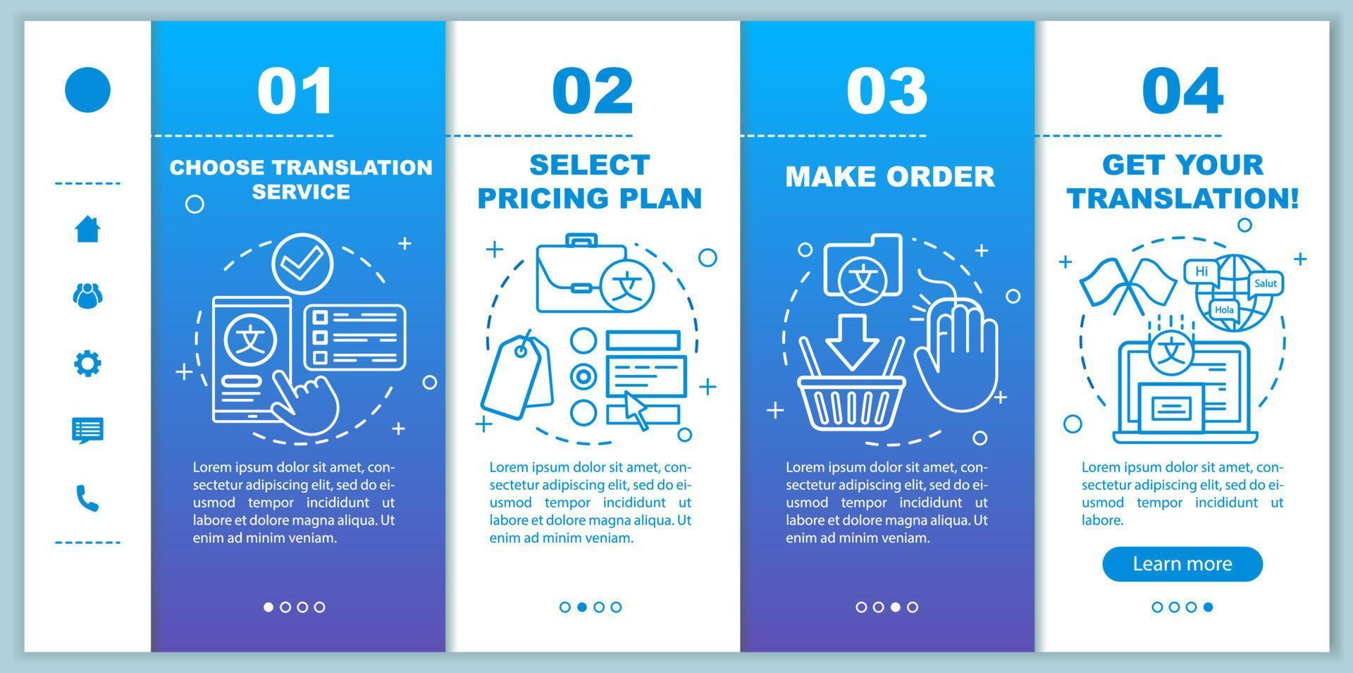 Translation service process onboarding mobile web pages vector template. Responsive smartphone website interface idea with linear illustrations. Webpage walkthrough step screens. Color concept