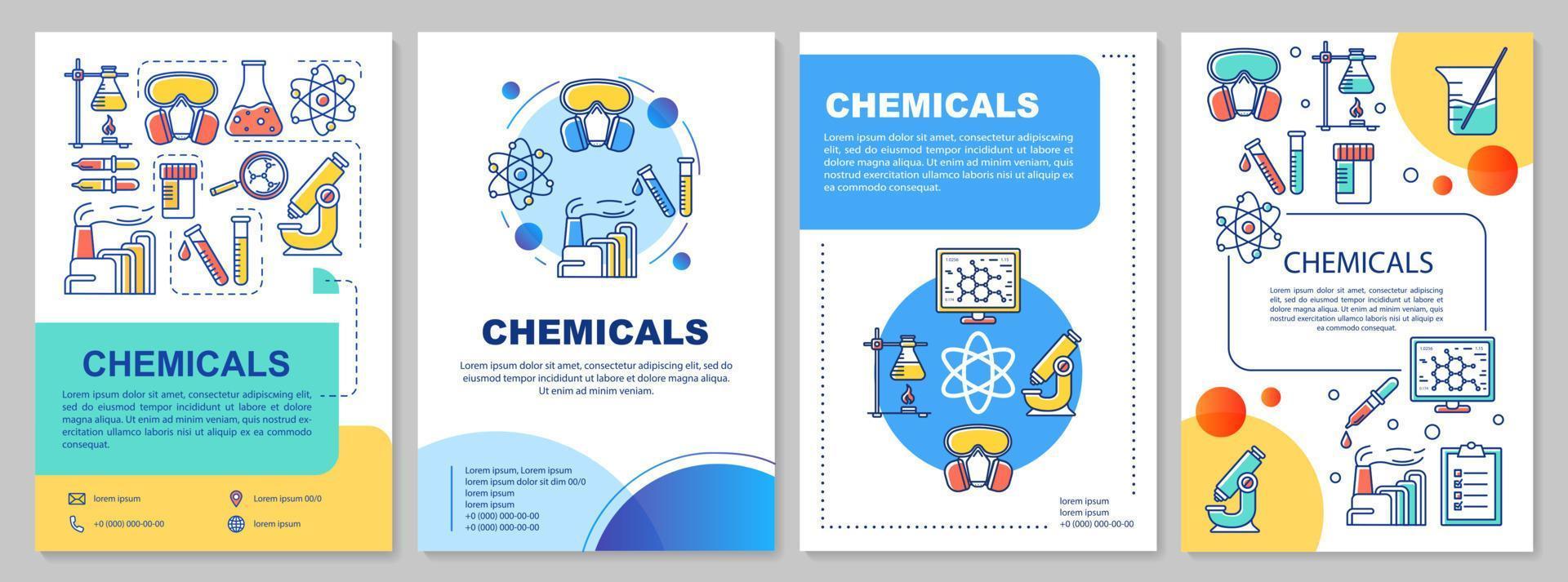 Chemicals industry template layout. Flyer, booklet, leaflet print design with linear illustrations. Scientific research, lab. Vector page layouts for magazines, annual reports, advertising posters