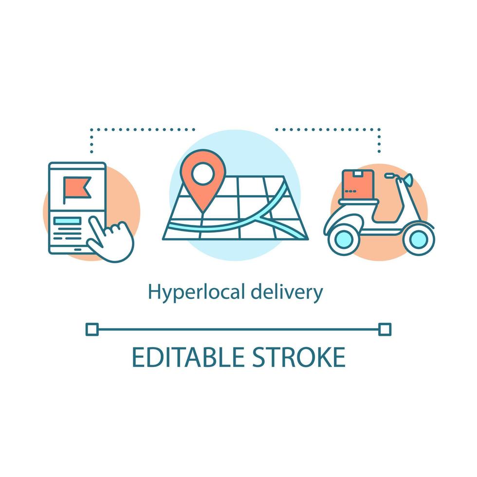 Hyperlocal delivery concept icon. On demand service idea thin line illustration. Transportation business. Smartphone, map and scooter with package vector isolated outline drawing. Editable stroke